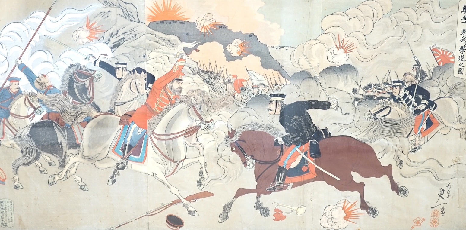 From the Studio of Fred Cuming. Gintaro, Japanese woodblock print, Soldiers on horseback, 35 x 68cm. Condition - fair